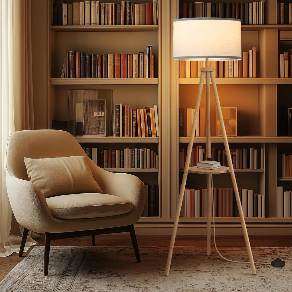 Floor Lamp with 3 Light Modes Adjustable - Wood Tripod Floor Lamp Modern LED Standing Lamp with Dimmable Brightness, Burlywood