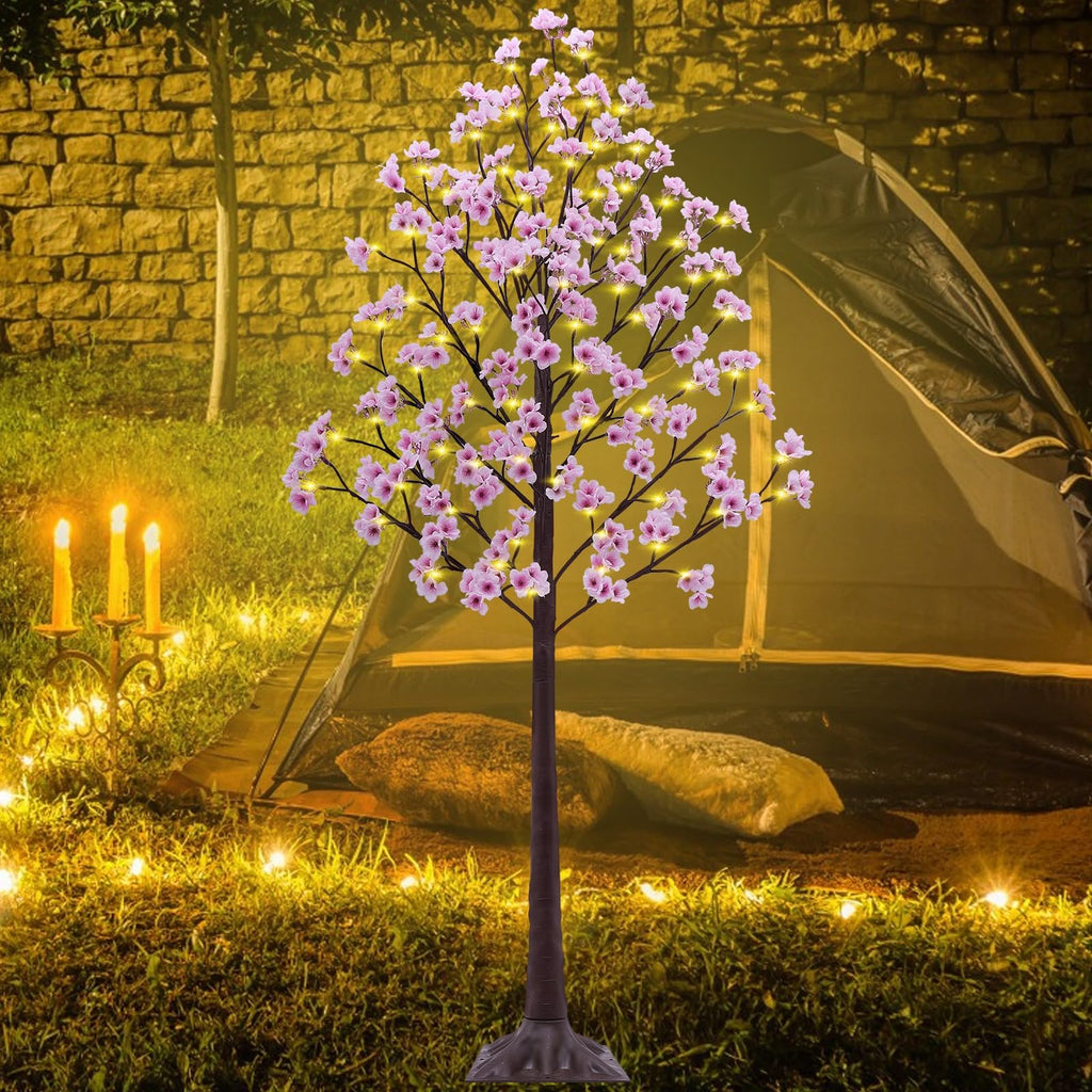 6FT Lighted Cherry Blossom Tree - Faux Artificial Light Up Cherry Blossom Trees with 112 Lights, 336 Lush Flowers