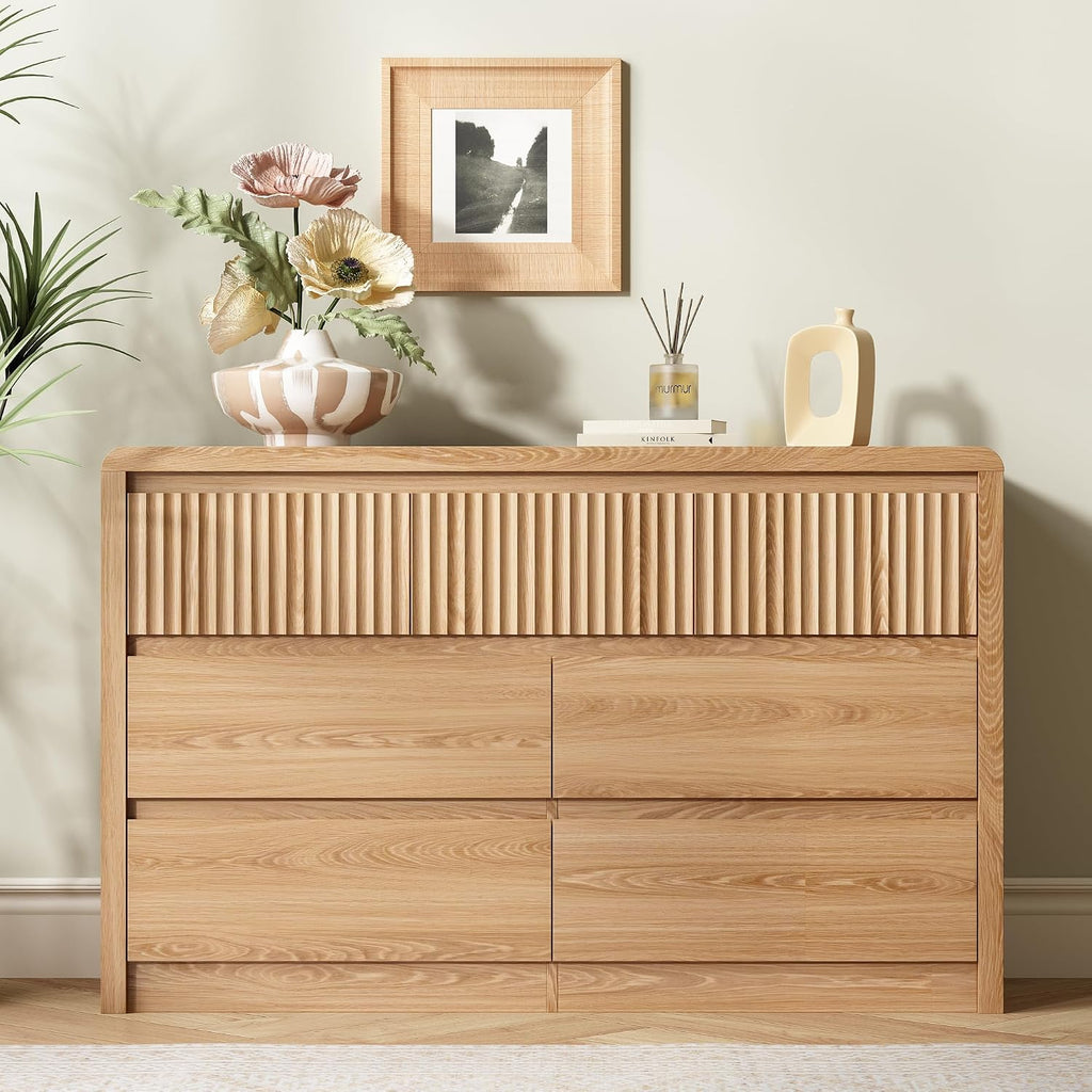 7 Drawer Dresser , 50" Wide Fluted Dresser with Curved Corners, Wood Dressers & Chests of Drawers with Dual-Panel
