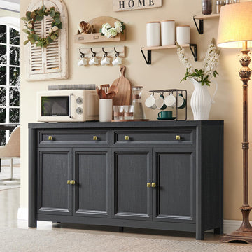 Farmhouse Buffet Cabinet, 59" Large Sideboard Buffet Credenza Storage with Shelves & 4 Doors, Rustic Wood Coffee Bar