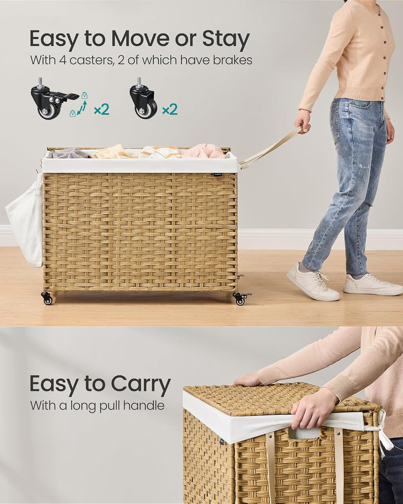 Laundry Hamper with Lid, 55.4 Gallons (210 L), Rolling Laundry Basket with Wheels, 4-Section Synthetic Rattan