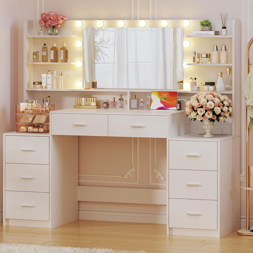 Large Vanity Desk with Mirror & Lights, White Makeup Vanity with 8 Drawers & 6 Storage Shelves, Vanity Set with LED