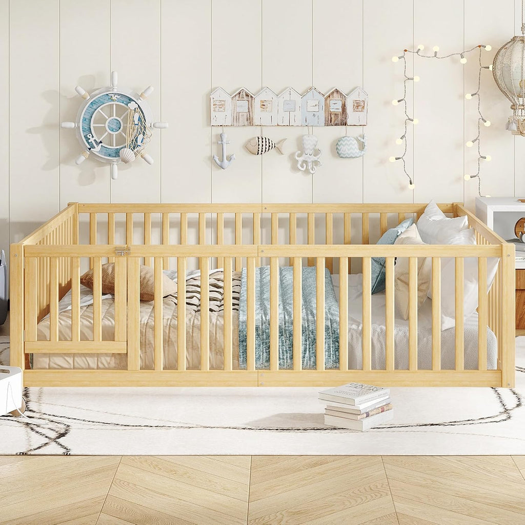 Queen Size Floor Bed with Door and High Guardrail, Queen Size Montessori Floor Bed with Fence, Easy Assemble