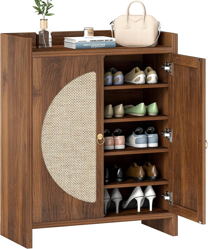 Shoe Cabinet Storage - Rattan Entry Way Shoe Storage Cabinet with Adjustable Shelves, Wood Shoe Organizer Cabinet
