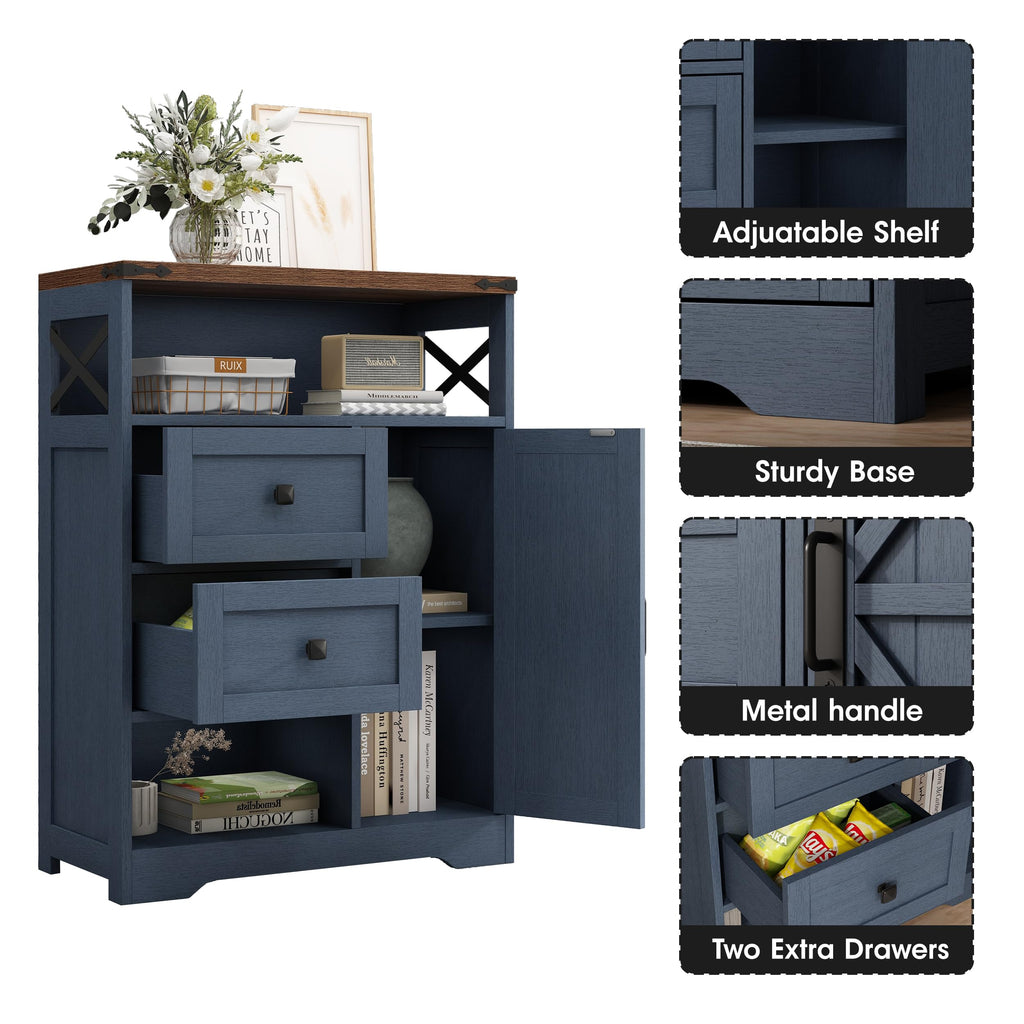Farmhouse Storage Cabinet with 2 Drawers & Shelves, Blue