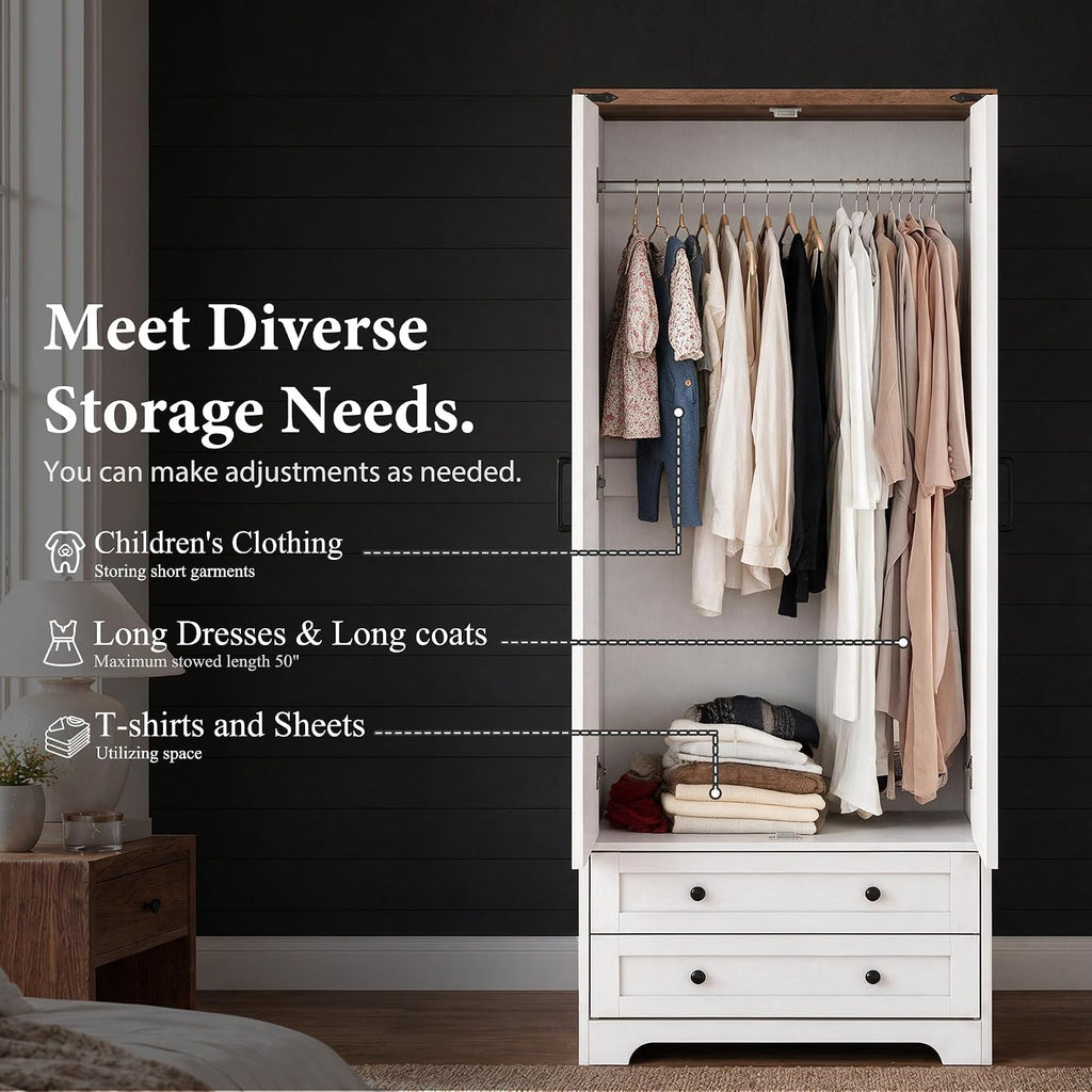 71" Wooden Armoire Wardrobe Closet with 2 Doors & 2 Drawers, White | Modern Tall Storage Cabinet with Adjustable
