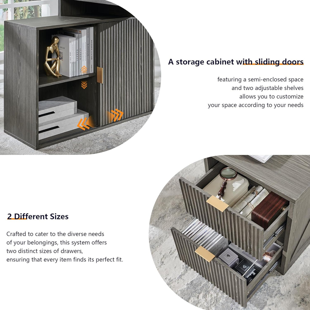 67" Modern L Shaped Desk with Storage Cabinet & Drawers, Wood Home Office Desk with Power Outlets