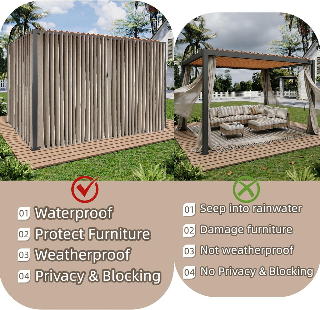 Waterproof Outdoor Curtains with Zipper 2 Panels Faux Linen Sun Blocking Blackout Privacy Patio Curtains Top & Bottom