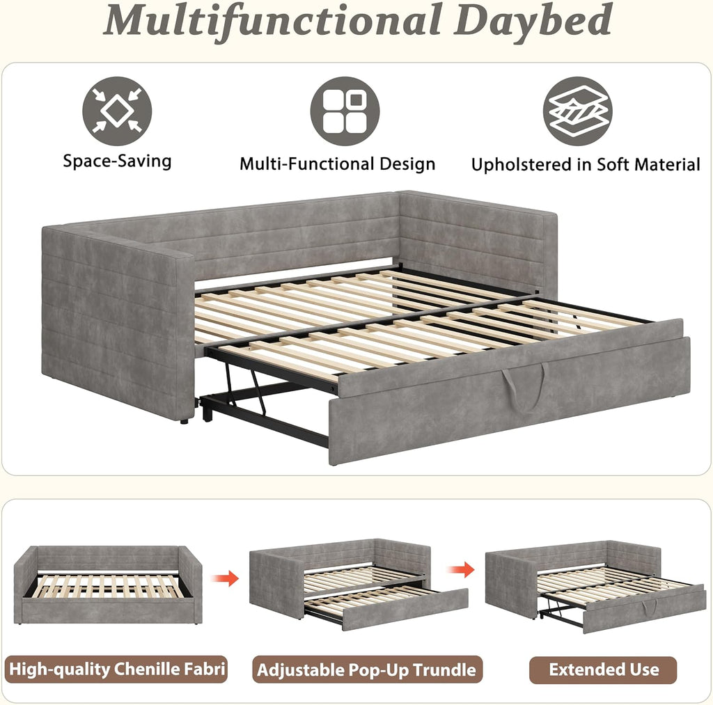Twin to King Size Upholstered Daybed with Trundle | Space Saving Chenille Sofa Bed, Extended Pop Up Trundle, Metal