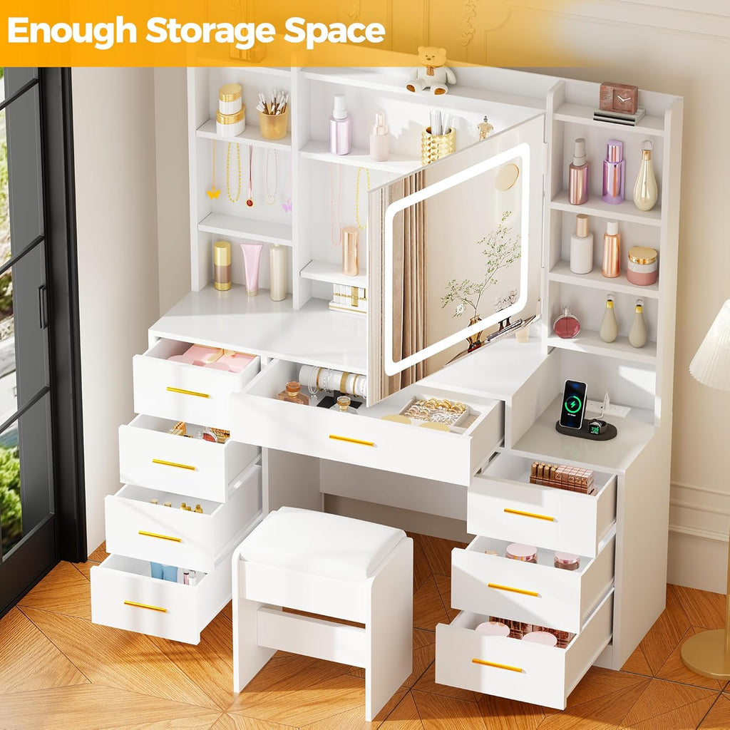Large Makeup Vanity Desk with Lights,12 Hooks and Cushioned Stool | White Vanity Table with Power Outlet,3 Lighting