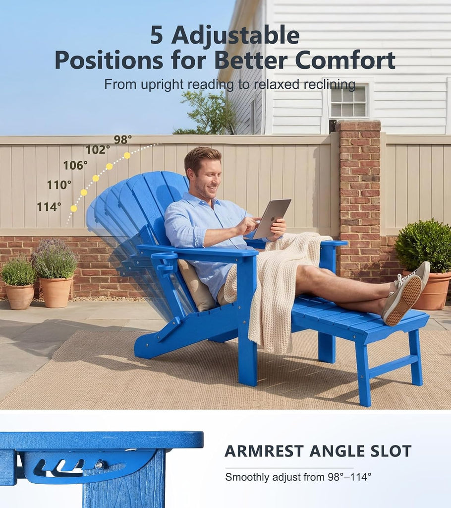 Folding Adirondack Chairs Set of 2 with Ottoman, 5-Position Adjustable Backrest, HDPE All-Weather Fire Pit Chairs
