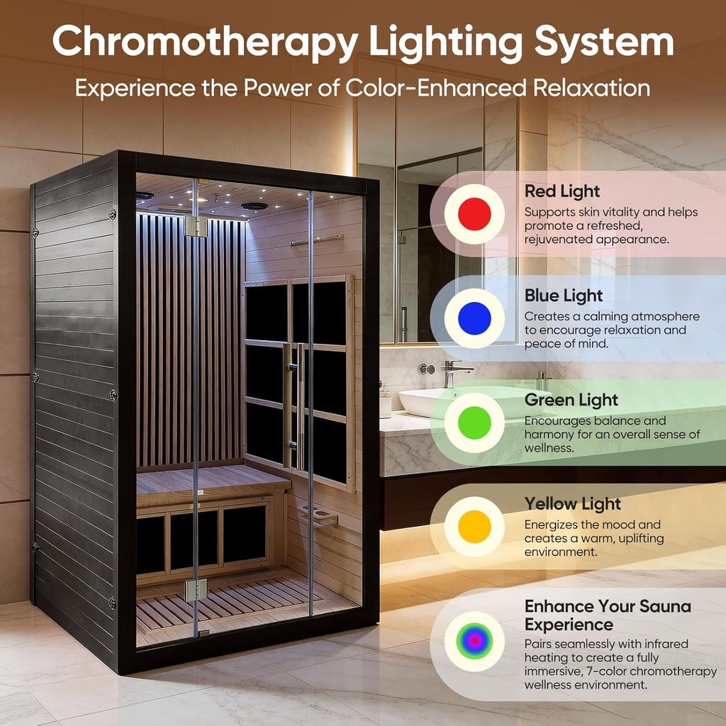 Vyre Sauna for 2 Person, Black - Low EMF FAR Infrared Home Sauna with 6 Carbon Heaters, Red Light Therapy and FM Audio