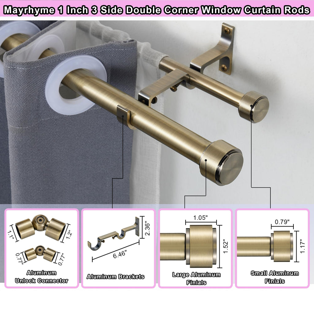 Antique Bronze Double Corner Window Curtain Rods with Aluminum End Cap Finials and Brackets, 1 Inch Diameter Dual Bay