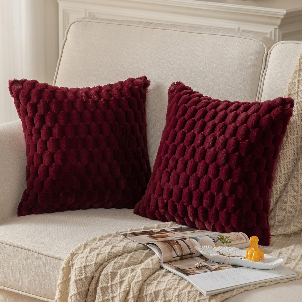 Pack of 2 Burgundy Super Soft Plush Fluffy Decorative Throw Pillow Covers 18x18 inch Faux Fur Wool Velvet Cushion