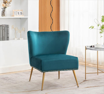 Thia Armless Velvet Accent Chair , Elegant Seat with Nailhead Trim, Gold Metal Legs and Comfortable Curved Back, 28"