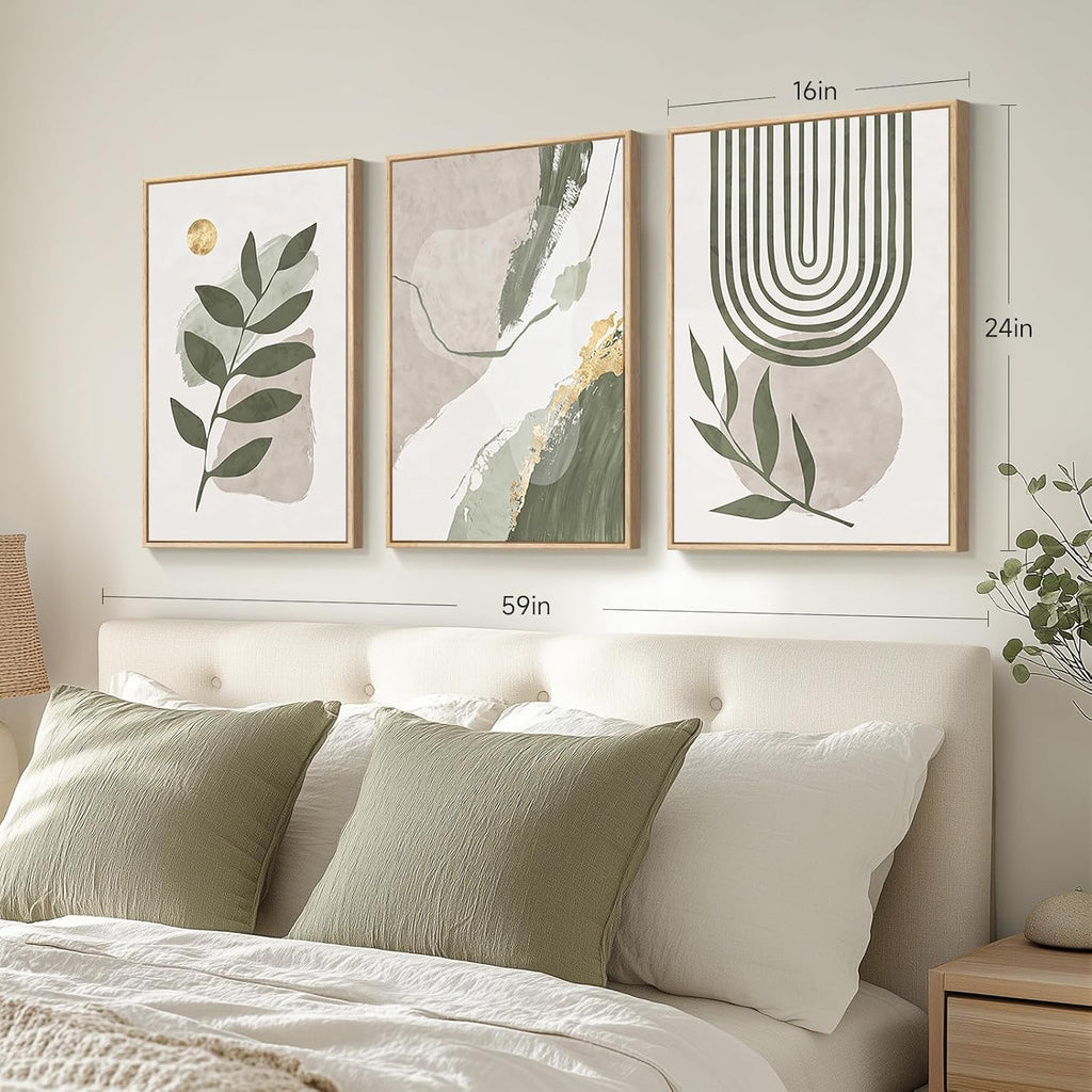 Large Framed Boho Sage Green Abstract Wall Art, 3 Piece Leaf Botanical Canvas Artworks Decor, Minimalist Geometric