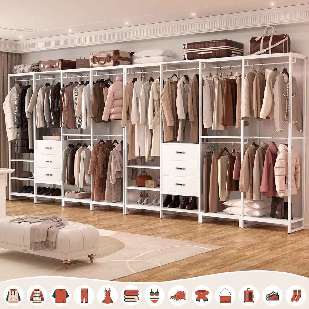 Wood Clothes Rack Wardrobe Closets for Hanging Clothes Heavy Duty Garment Rack, Large Corner L Shaped Closet System