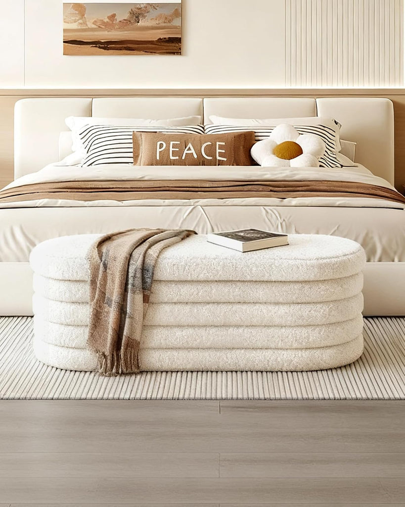 Storage Ottoman Bench, 43" Entryway Shoe Seat, Sherpa White | Upholstered Oval Ottoman with Storage, End of Bed Stool