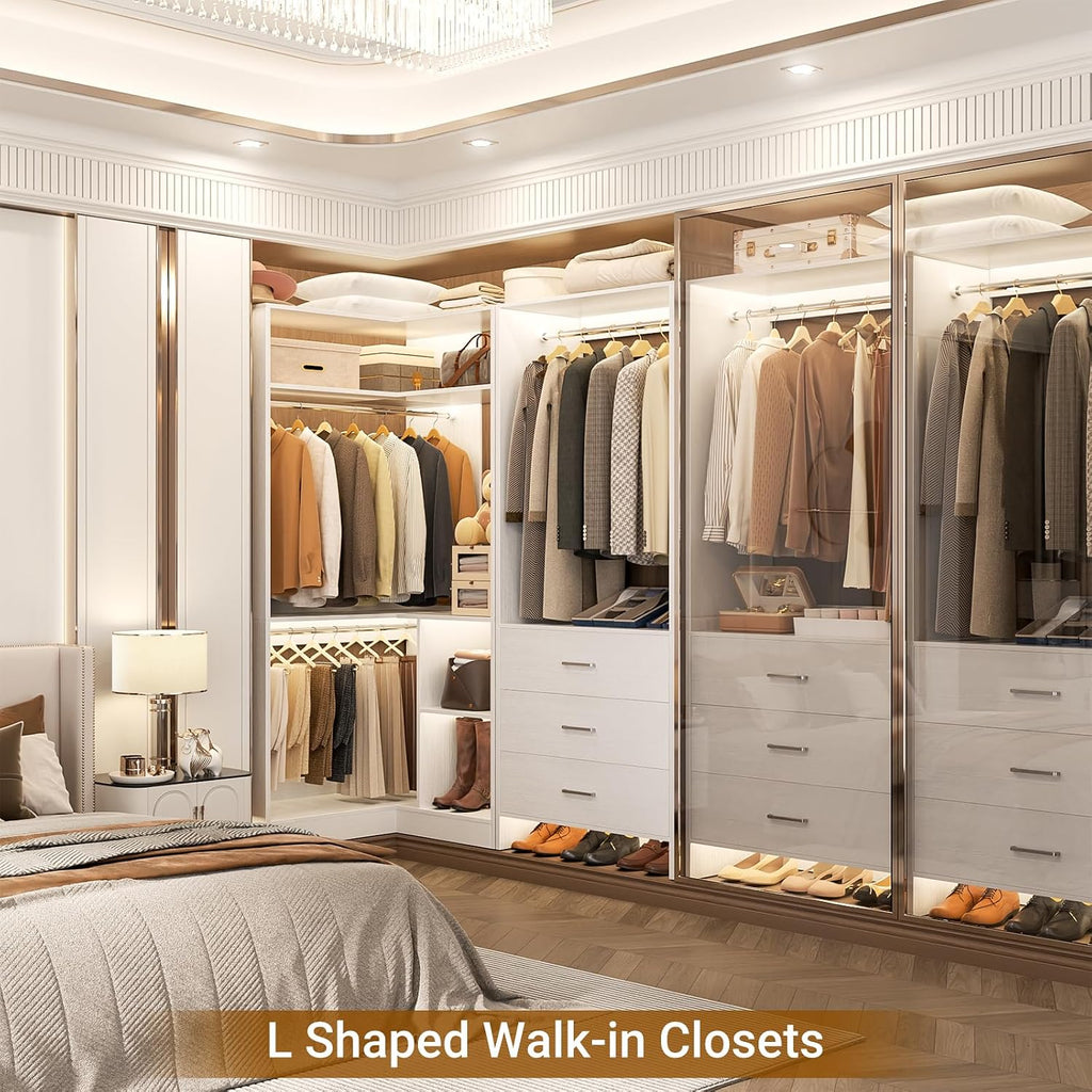 Closet System with 3 Drawers, 2 Hanging Rods & Corner Tower, Corner Closets System with Hanging, L-Shaped Walk-In