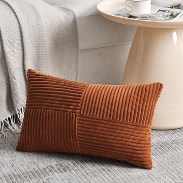 Rust Lumbar Decorative Throw Pillow Covers 12x20 Inch, Rustic Farmhouse Boho Home Decor, Soft Striped Corduroy