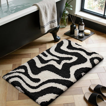 Non Slip Zebra Print Bathroom Rug, Black and White, 20x32