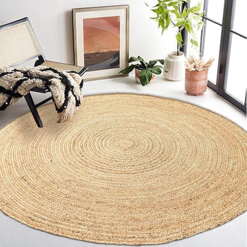 Hand Woven Natural Jute Braided Rug - 6' Round | Rustic Boho Farmhouse Reversible Area Rug , Study, or Patio | Solid