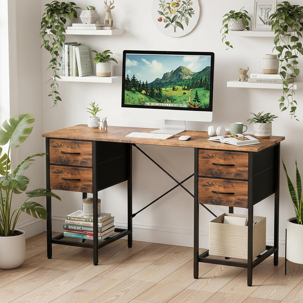 Computer Desk 55 Inch with 4 Drawers Home Office Table with Mesh Shelf for Work Study Writing Gaming Storage Furniture