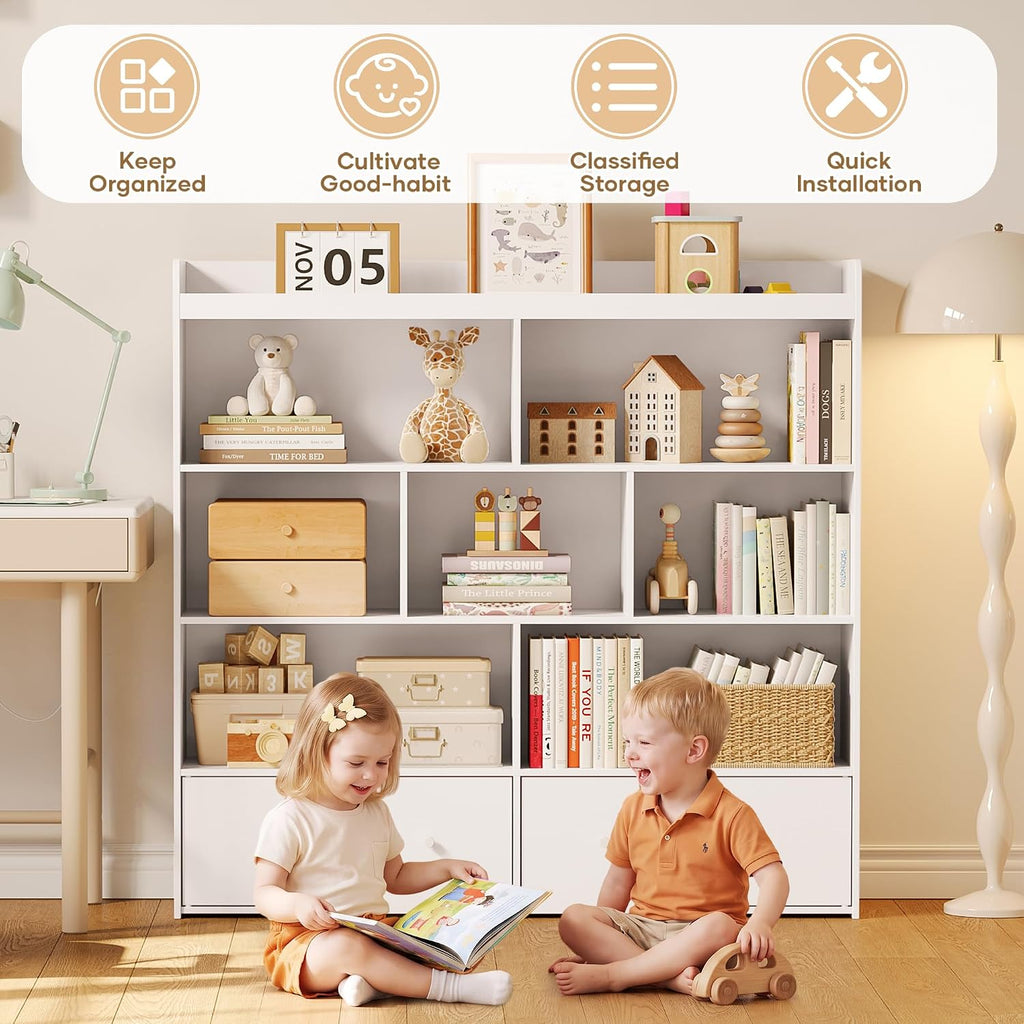 Large Toy Storage Organizer and Kids Bookshelf with 7 Cubes, 2 Sliding Drawers, 2 Magnetic Cabinets, Toy Organizers
