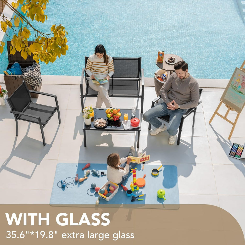 Outdoor Furniture Set 4 Piece Patio Conversation Sets Porch Furniture with Lawn Chairs & Glass Coffee Table for Garden