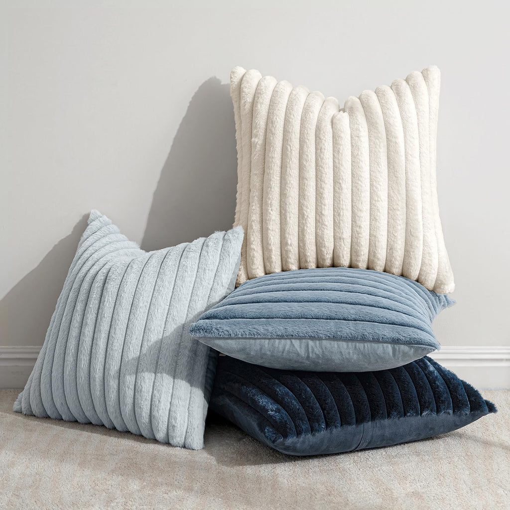 Faux Fur Plush Decorative Throw Pillow Covers 18x18 Set of 4, Summer Modern Soft Fuzzy Coastal Striped Cushion