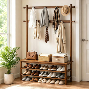 Hall Tree with Shoe Storage Bench, 3-in-1 Entryway Coat Rack with Bench, 11 Hooks, Freestanding Wooden Entryway