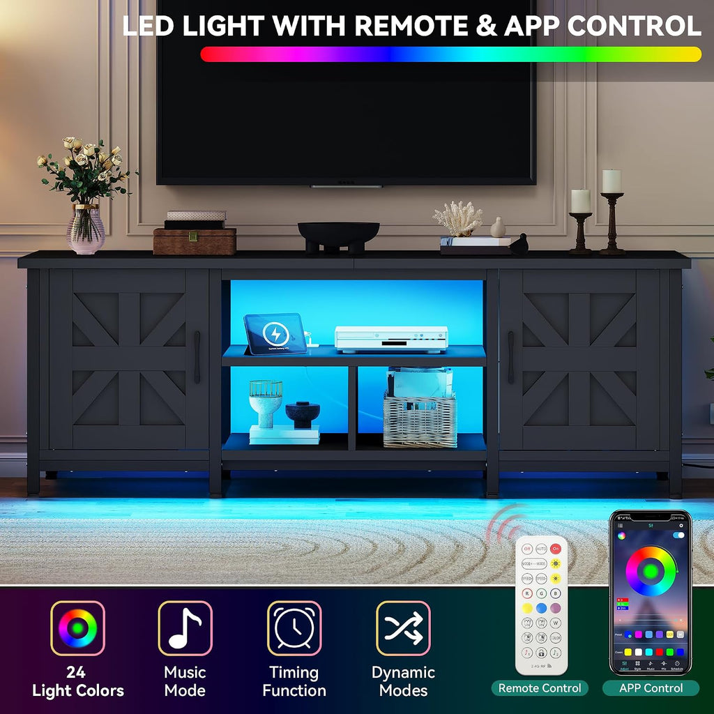 TV Stand with LED Lights & Charging Station, Farmhouse Entertainment Center with Storage Cabinets & Shelves