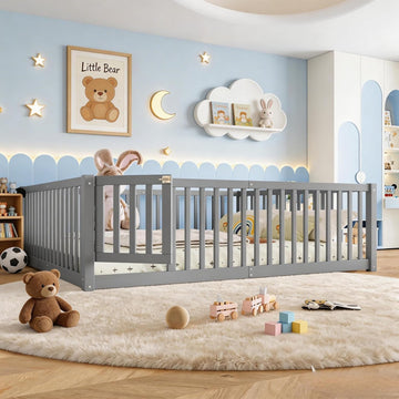 Queen Size Floor Bed with Detachable Door, Wood Kids Floor Bed Queen with Full-length Guardrails, Montessori Floor