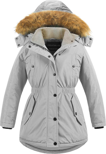 Girl's Long Winter Warm Parka Sherpa Trimmed Collar Puffer Ski Jacket Coat