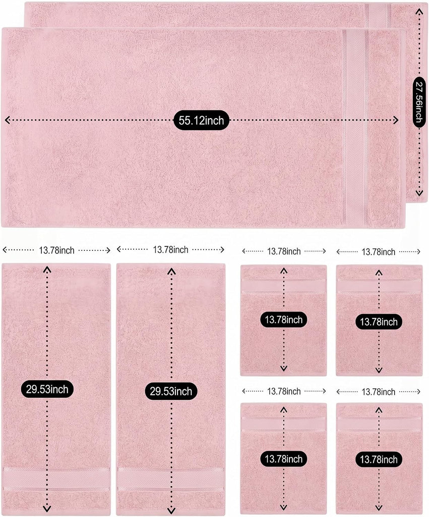 100% Turkish Combed Cotton Bath Towel Set, Blush Pink, 8-Piece | Plush thick, non-fading, 2 Bathroom Towels, 2 Hand