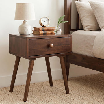 Calma Solid Wood Nightstand 1-Drawer, Mid Century Modern Side Table, Walnut