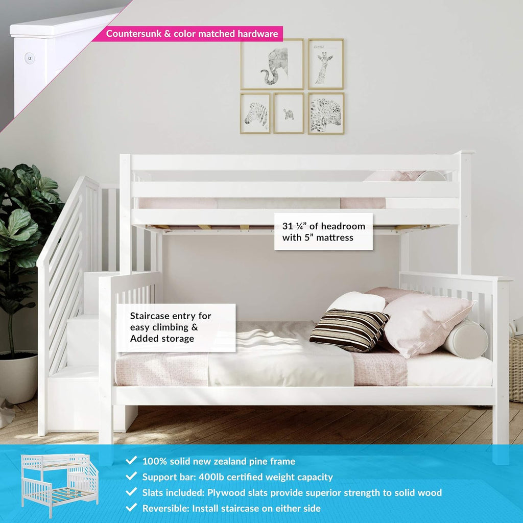 Bunk Bed, Twin-Over-Full Bed Frame For Kids With Stairs, White