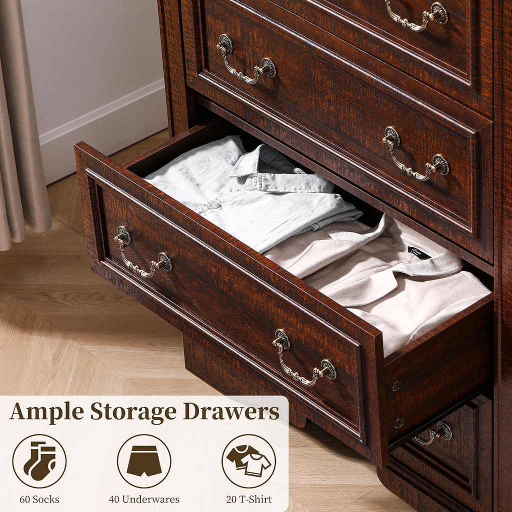 Dresser , 6 Drawers 48" Tall Dresser for Storage and Organization, Dark Brown Farmhouse Chest of Drawers , Closet