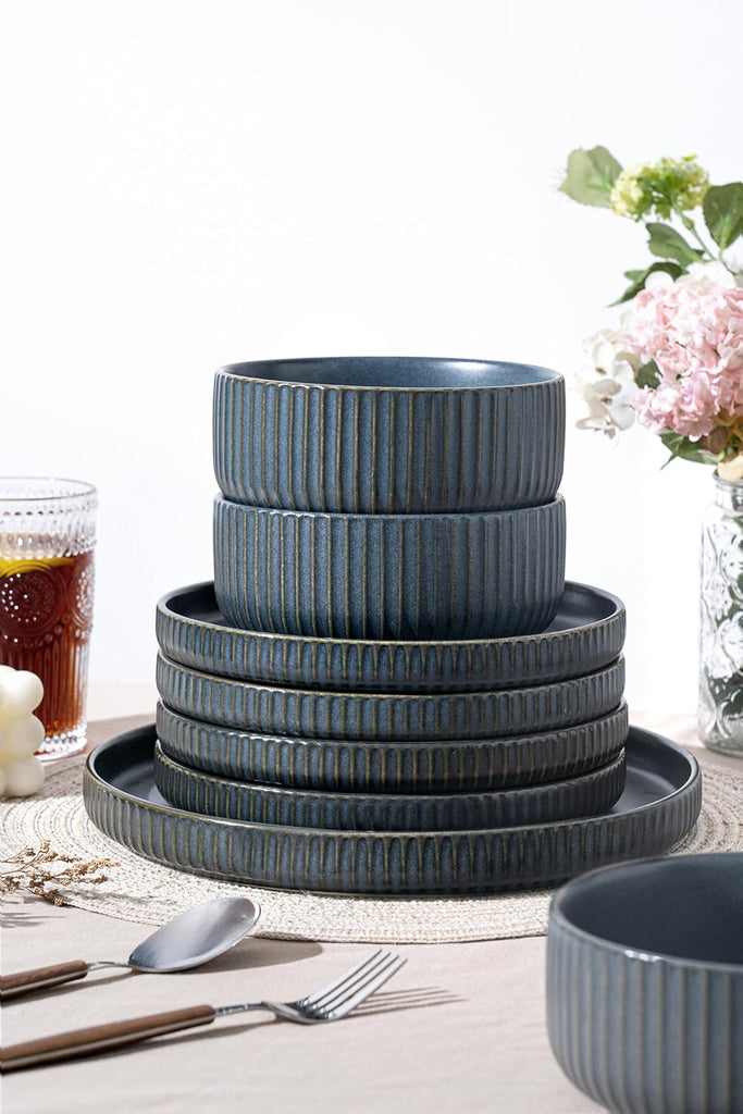 24 Piece Starry Blue Ceramic Dish Set,Plates and Bowls Set for 8,Dinnerware Sets for Hosting