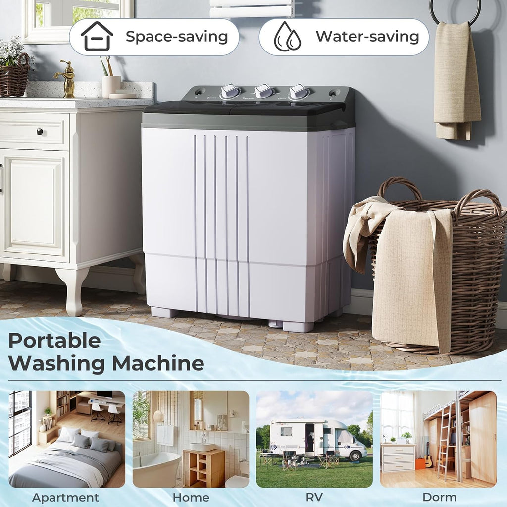 Portable Washing Machine, 20 LBS Washer & Spinner Combo with Built-in Drain Pump & Time Control, Compact Twin Tub 12