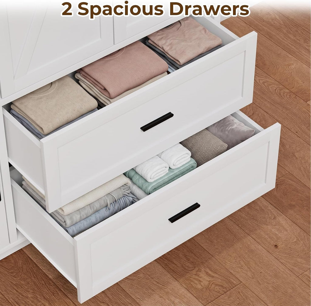 Wooden Wardrobe Closet Armoire with 3 Doors, White Storage Cabinet with Mirror and Led Lights, Bedroom Large Capacity
