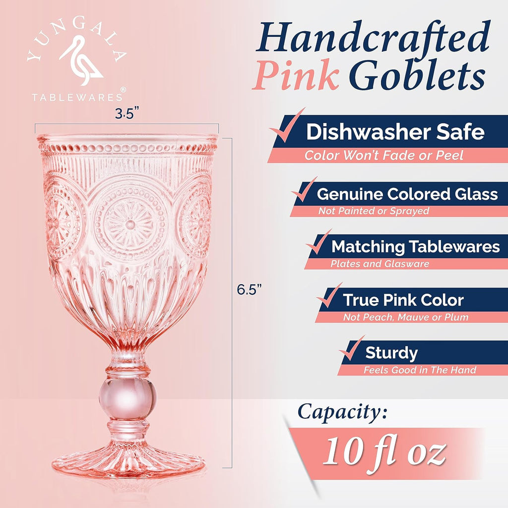 Pink Wine Glasses Set of 6 Vintage Hobnail Goblets 10 oz Transparent Glassware with Stems Dishwasher Safe