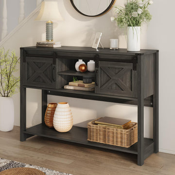 46" Entryway Console Table with Drawers & Sliding Barn Door, Wood Sofa Table with Adjustable Shelf, Suitable, Foyer &