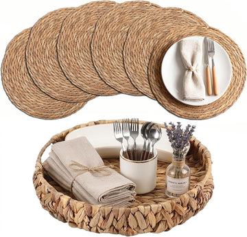 Woven Placemats with Water Hyacinth Storage Basket, Natural Woven Table Mats for Dining Table, Handmade Boho - Set of 6