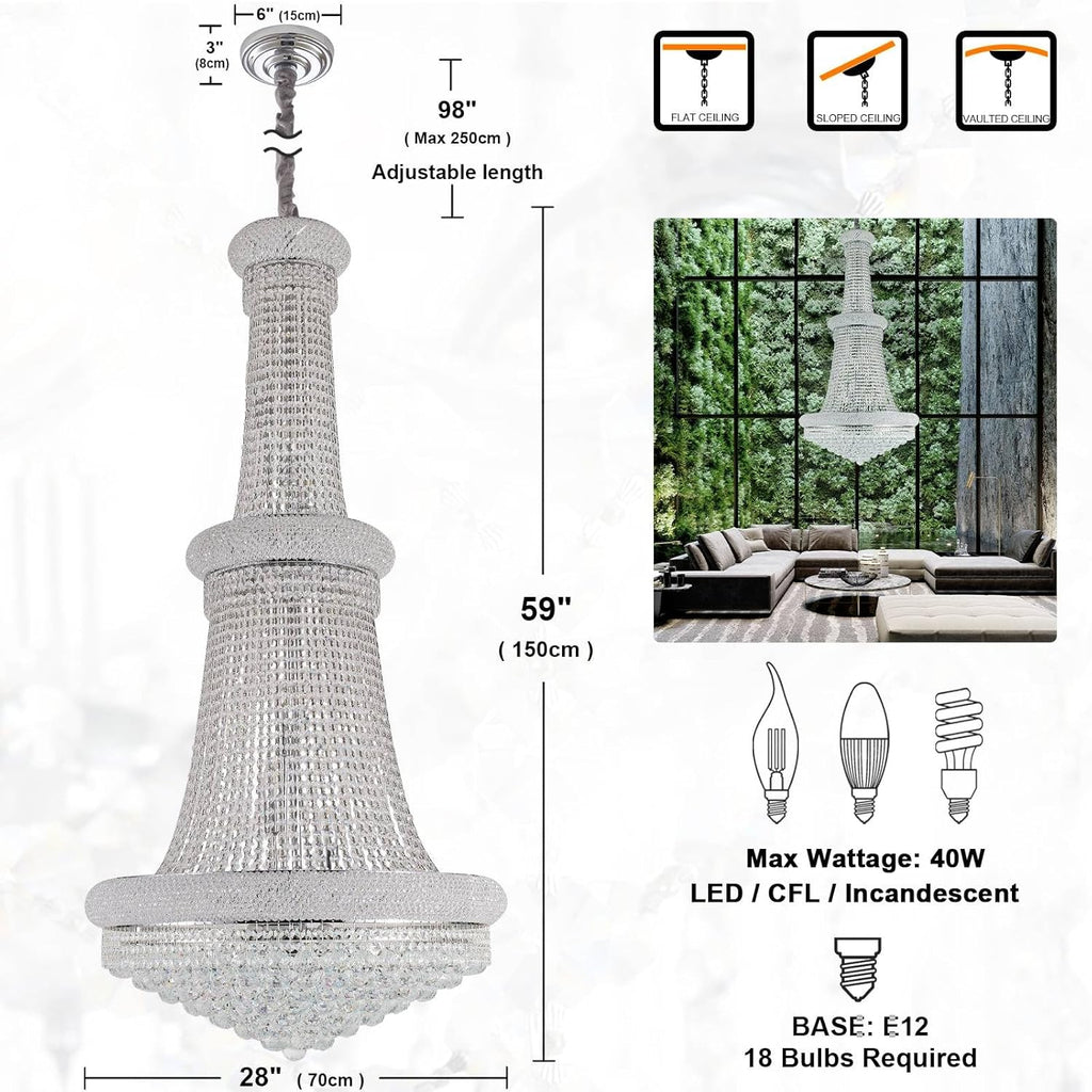 18-Lights 3 Layers Large Chrome Classic Empire Style K9 Crystal Ball Chandelier Decorative Light Fixture for High Ceiling Living Room Foyer Stair Entryway (D27.6 * H59 inches)