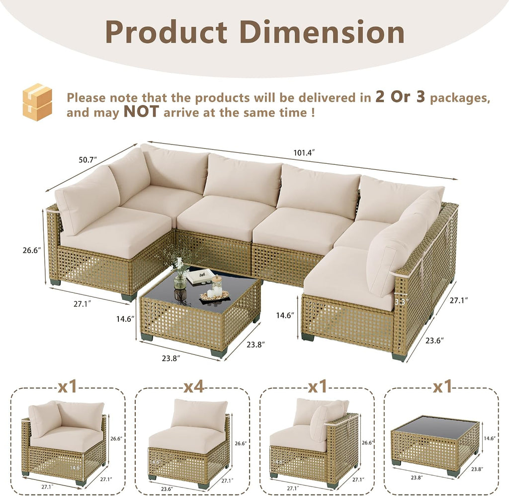 7 Piece Outdoor Patio Furniture Set, Outdoor Sectional Sofa, Wicker Rattan Patio Furniture, Patio Conversation Set