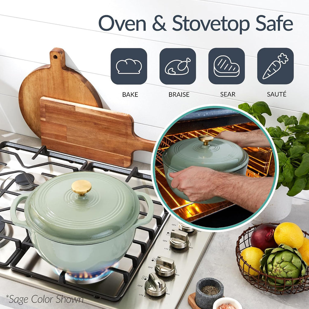 6-Piece Cast Iron Cookware Set, Ceramic Coated 6Qt Dutch Oven, 2Qt Skillet W/Lid, 10" Grill Pan W/Press, Non-toxic