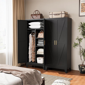 Black Metal Wardrobe Closet, Reversible 2-Section Design with Hanging Rod & Adjustable Shelves, 71" Freestanding