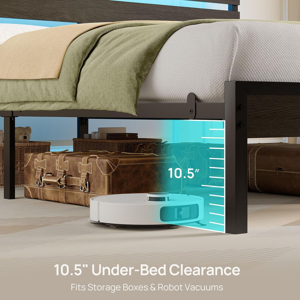 Bed Frame King with USB Charging Station, LED Bed Frame with Wood Storage Headboard