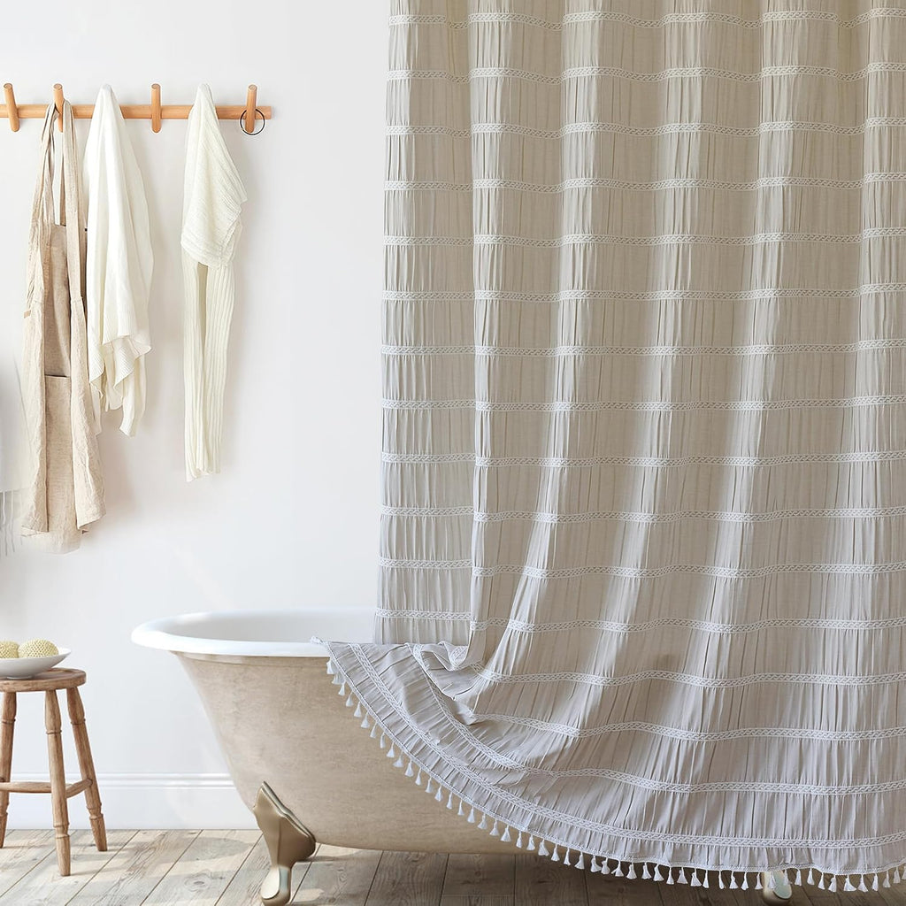 Cream Shower Curtain Fabric Rustic Shower Curtain Farmhouse Striped Cotton Blend Thick Boho Shower Curtains for